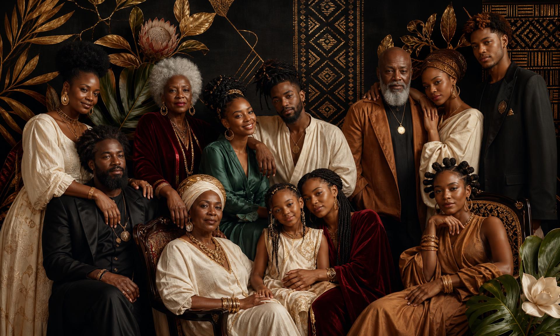 Signature Melanin Luxe Collective artwork: a multigenerational group of Black women, men, elders, and young adults with varied skin tones and hairstyles, styled in cream, burgundy, emerald, and caramel with gold jewelry, framed by subtle Afrocentric patterns and elegant florals under warm editorial lighting.